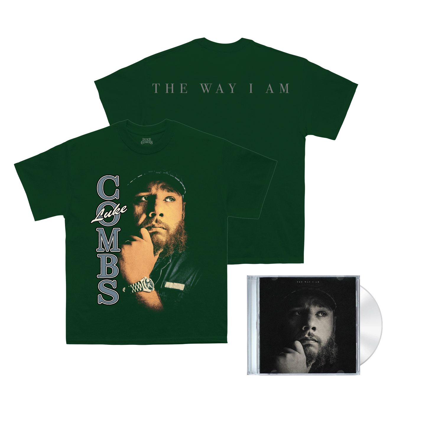 Forest green Luke Combs The Way I Am T-shirt with the album graphic and text on the back, with the standard CD on the right side.