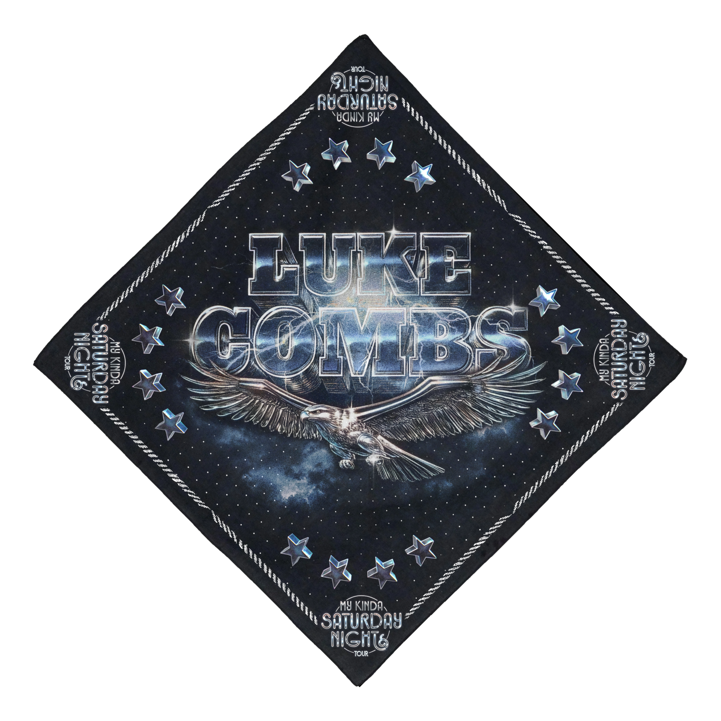 Promotional poster for Luke Combs with an eagle design and star elements on a dark background.