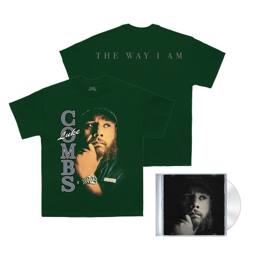 Forest green Luke Combs The Way I Am T-shirt with the album graphic and text on the back, with the standard CD on the right side.