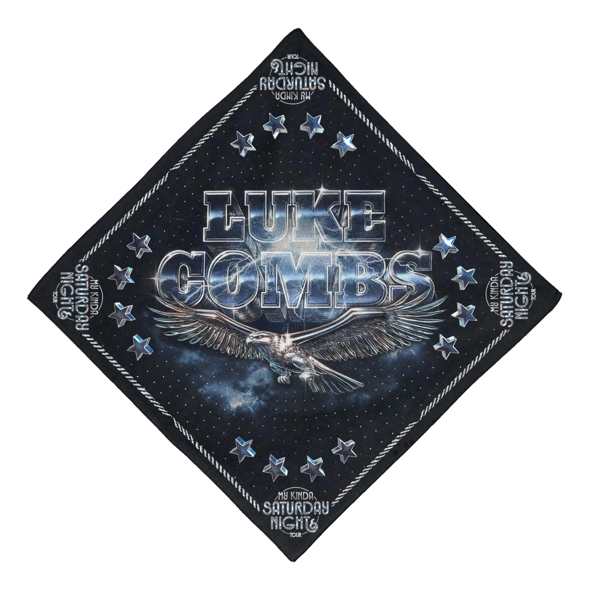 Promotional poster for Luke Combs with an eagle design and star elements on a dark background.