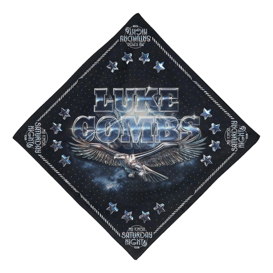 Promotional poster for Luke Combs with an eagle design and star elements on a dark background.
