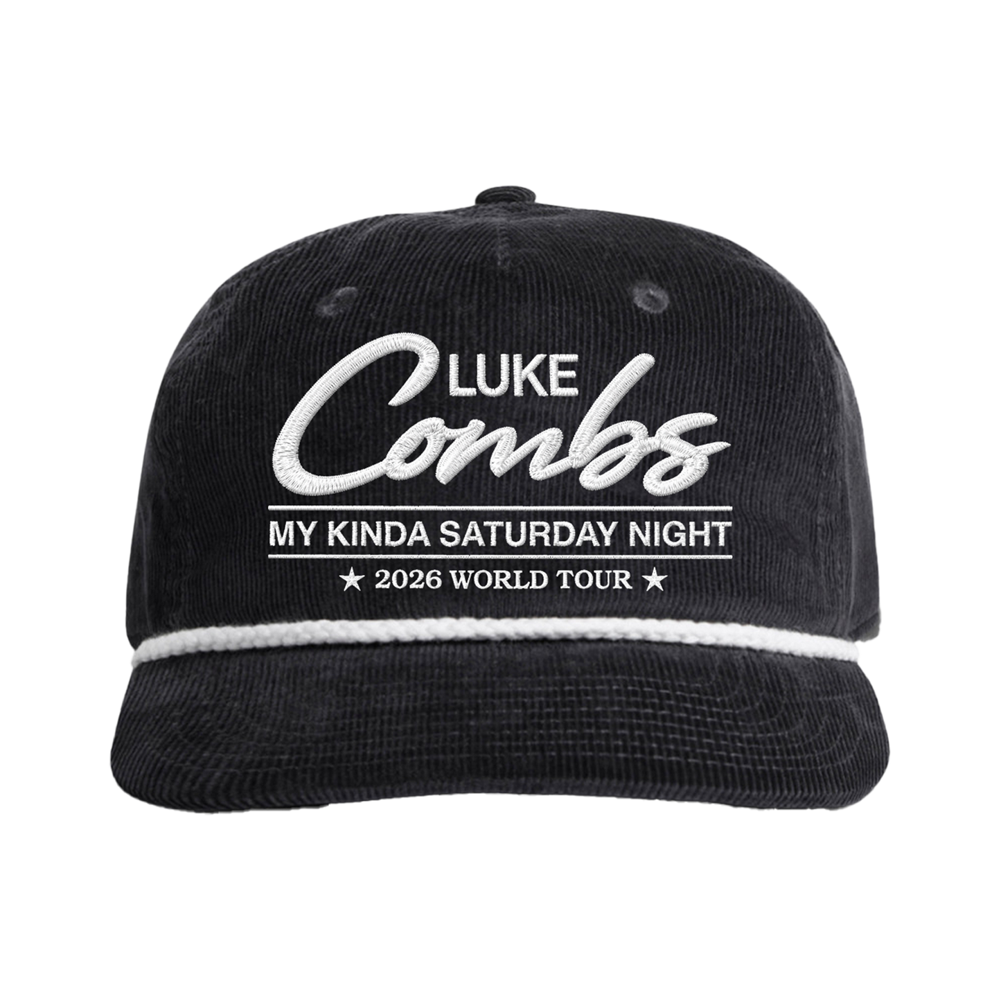 Black cap with white text featuring Luke Combs and his 2026 World Tour on a white background