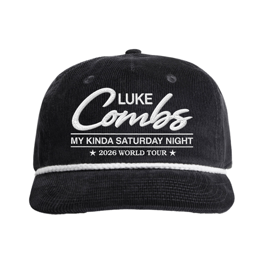 Black cap with white text featuring Luke Combs and his 2026 World Tour on a white background