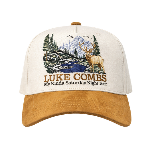 Cap with nature-themed design and 'Luke Combs' text on a white background