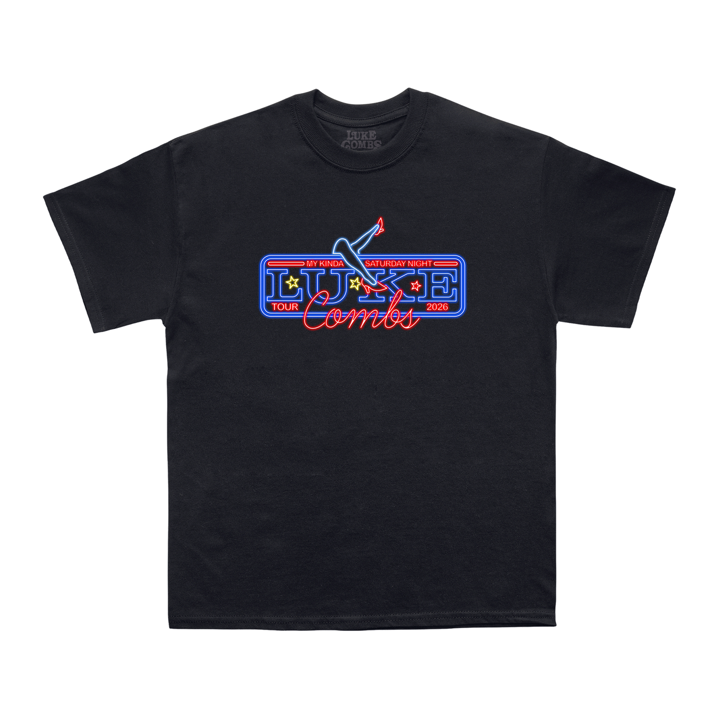 Black t-shirt with colorful graphic design on a white background