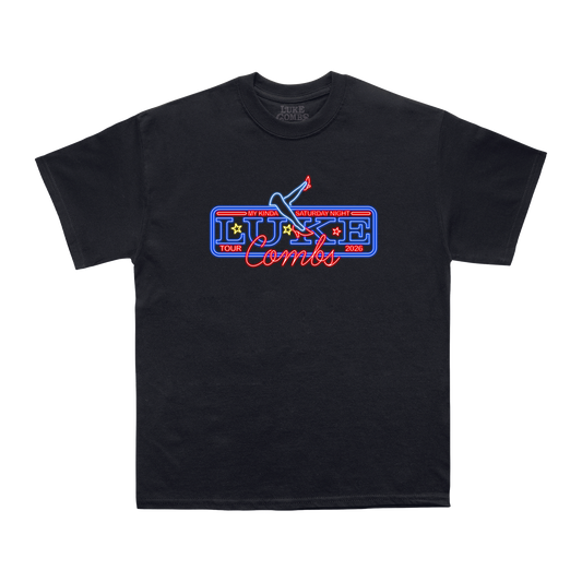 Black t-shirt with colorful graphic design on a white background