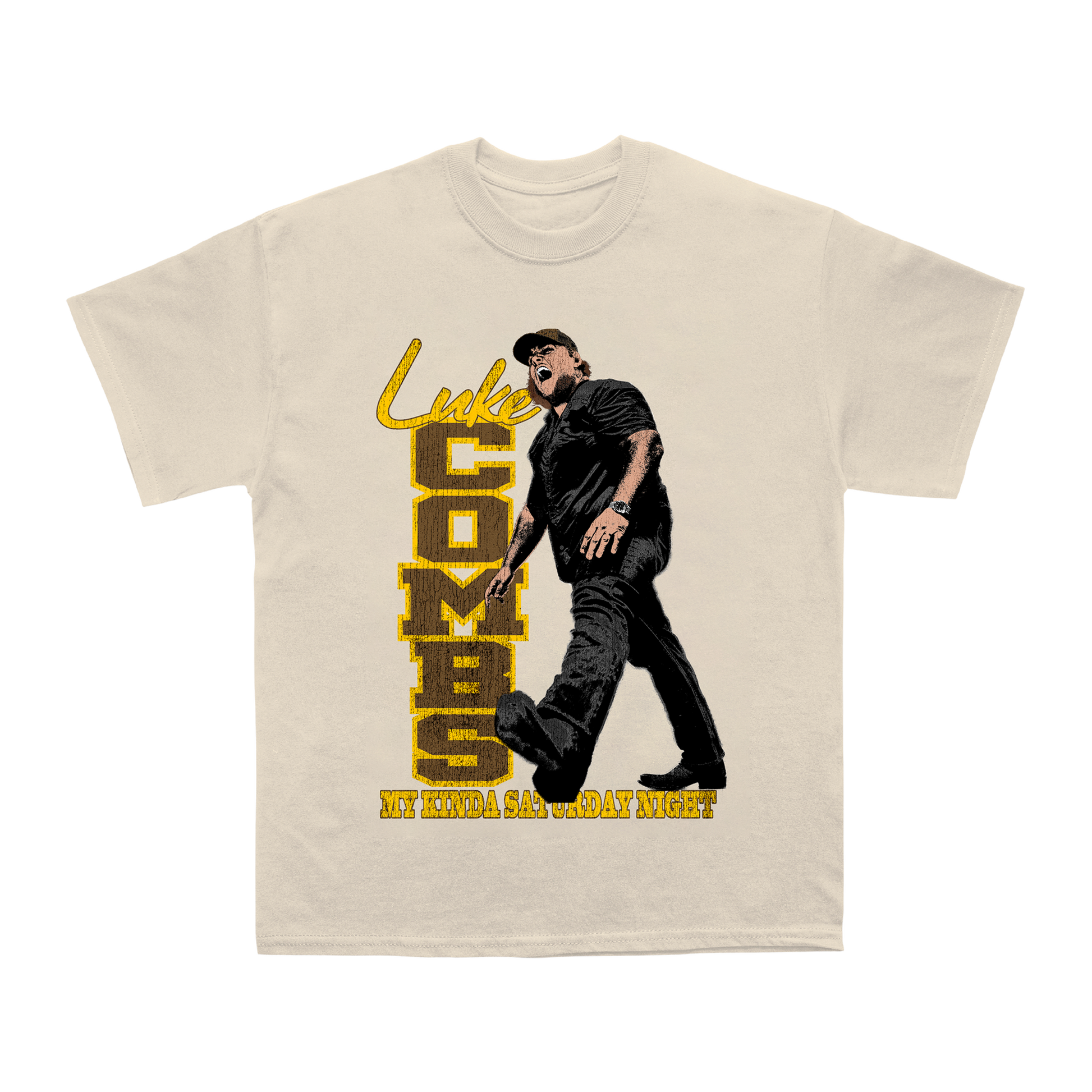 Beige t-shirt with graphic design of a person and text on a white background