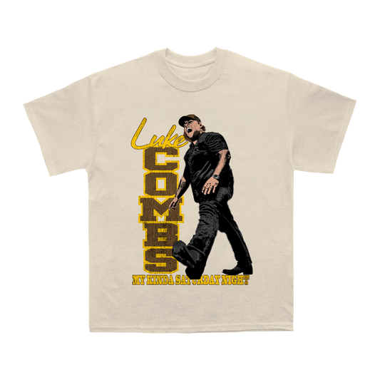 Beige t-shirt with graphic design of a person and text on a white background
