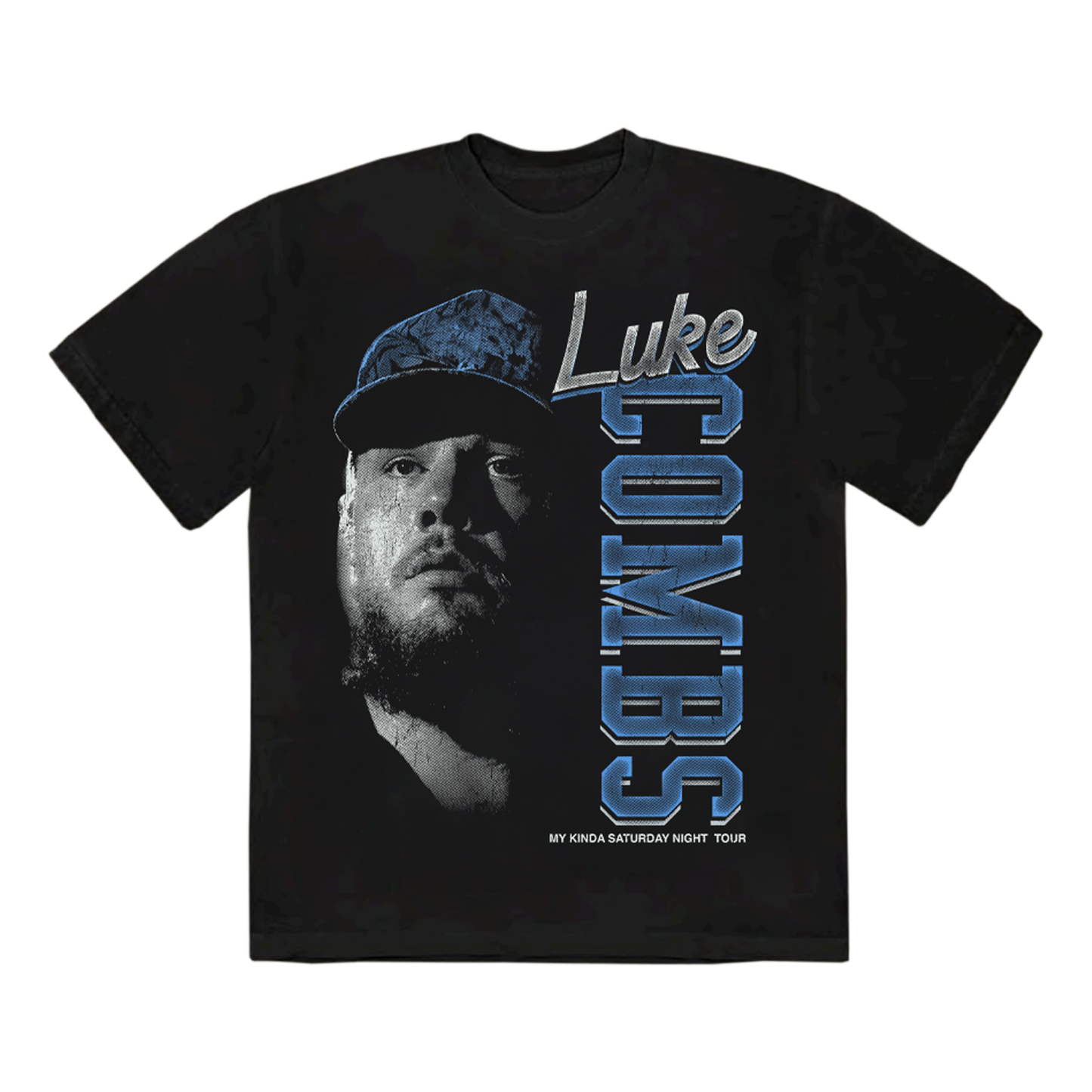 Black t-shirt with a graphic of a person wearing a cap and 'Luke Combs' text on a white background