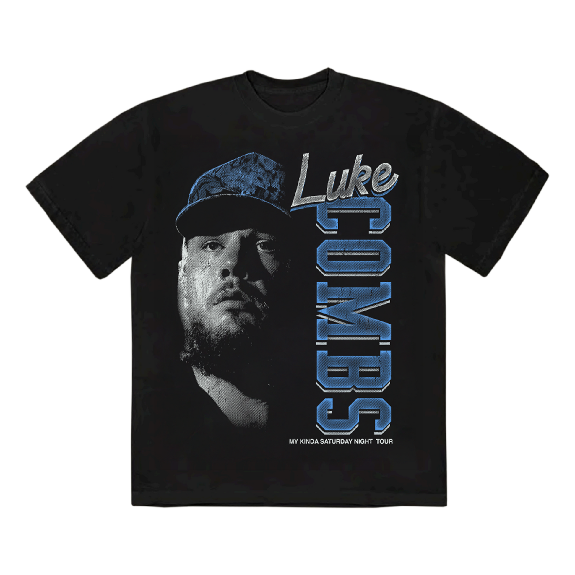 Black t-shirt with a graphic of a person wearing a cap and 'Luke Combs' text on a white background