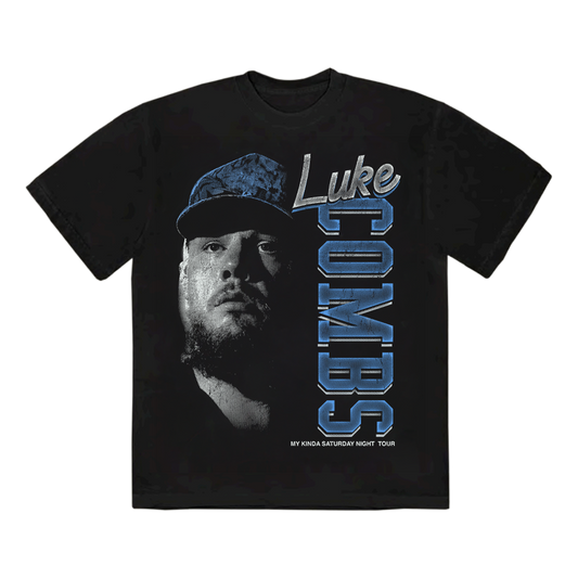 Black t-shirt with a graphic of a person wearing a cap and 'Luke Combs' text on a white background