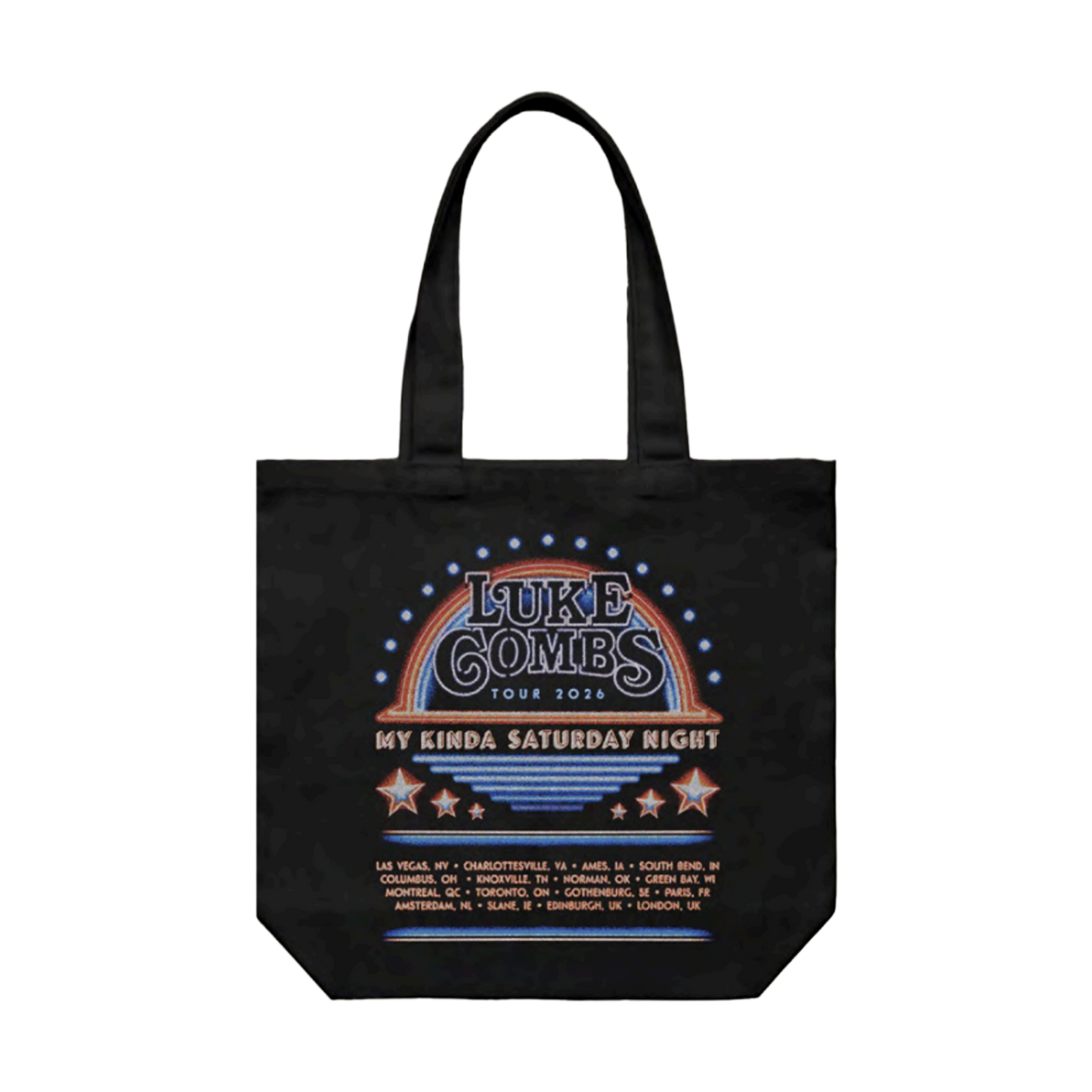 Black tote bag with Luke Combs tour design on a white background