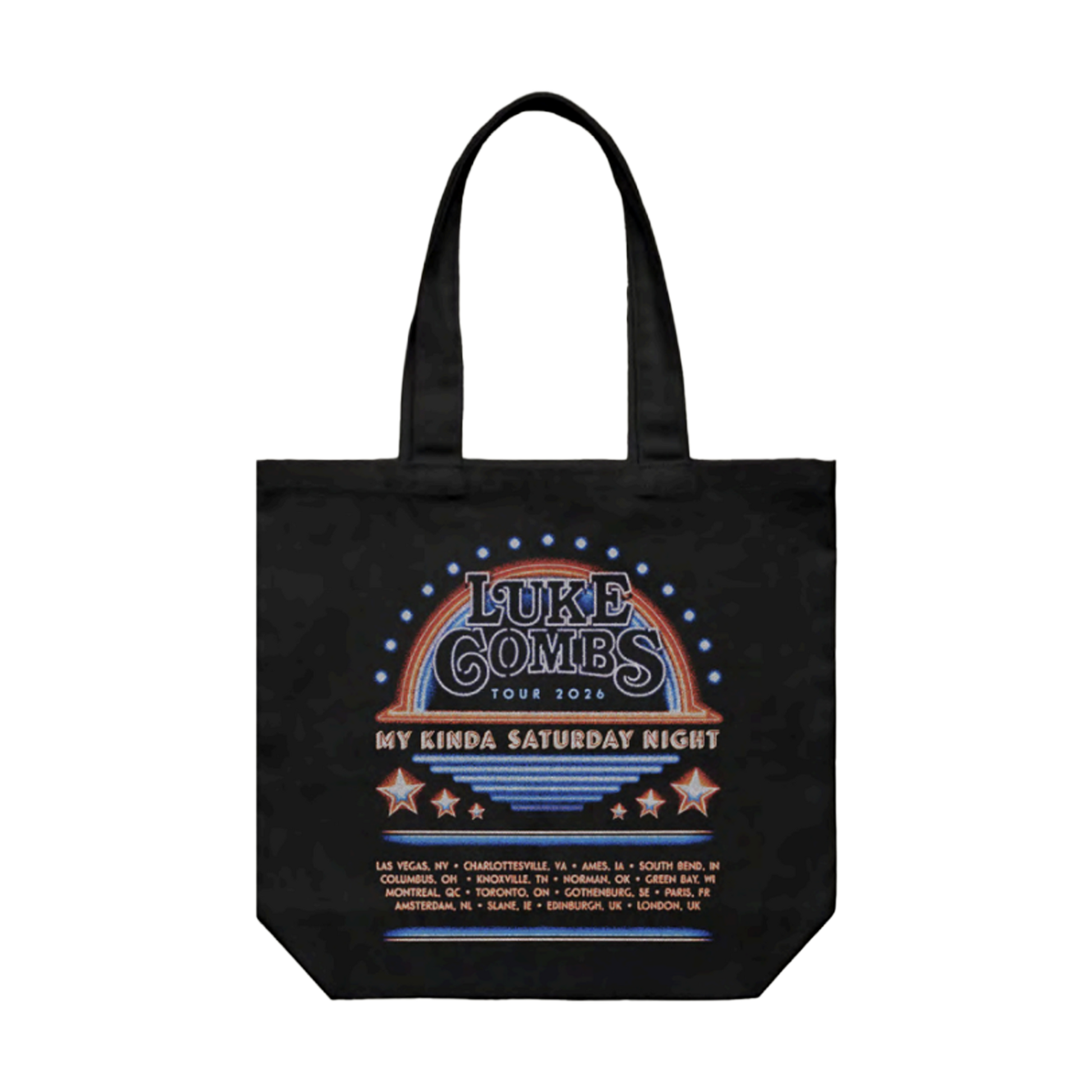 Black tote bag with Luke Combs tour design on a white background