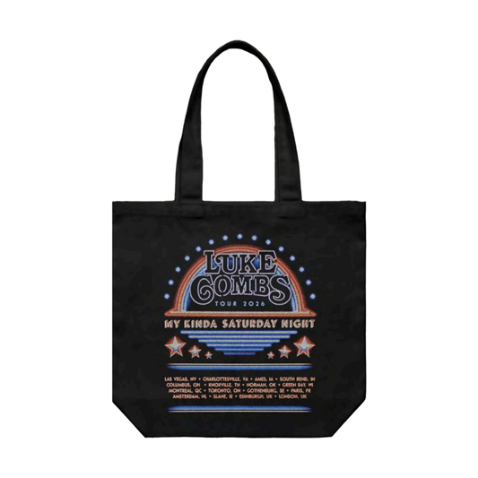 Black tote bag with Luke Combs tour design on a white background