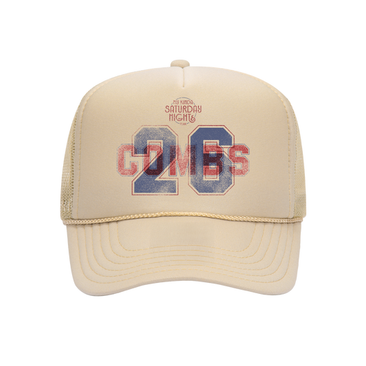 Beige cap with 'Saturday Night's G26' text on a white background