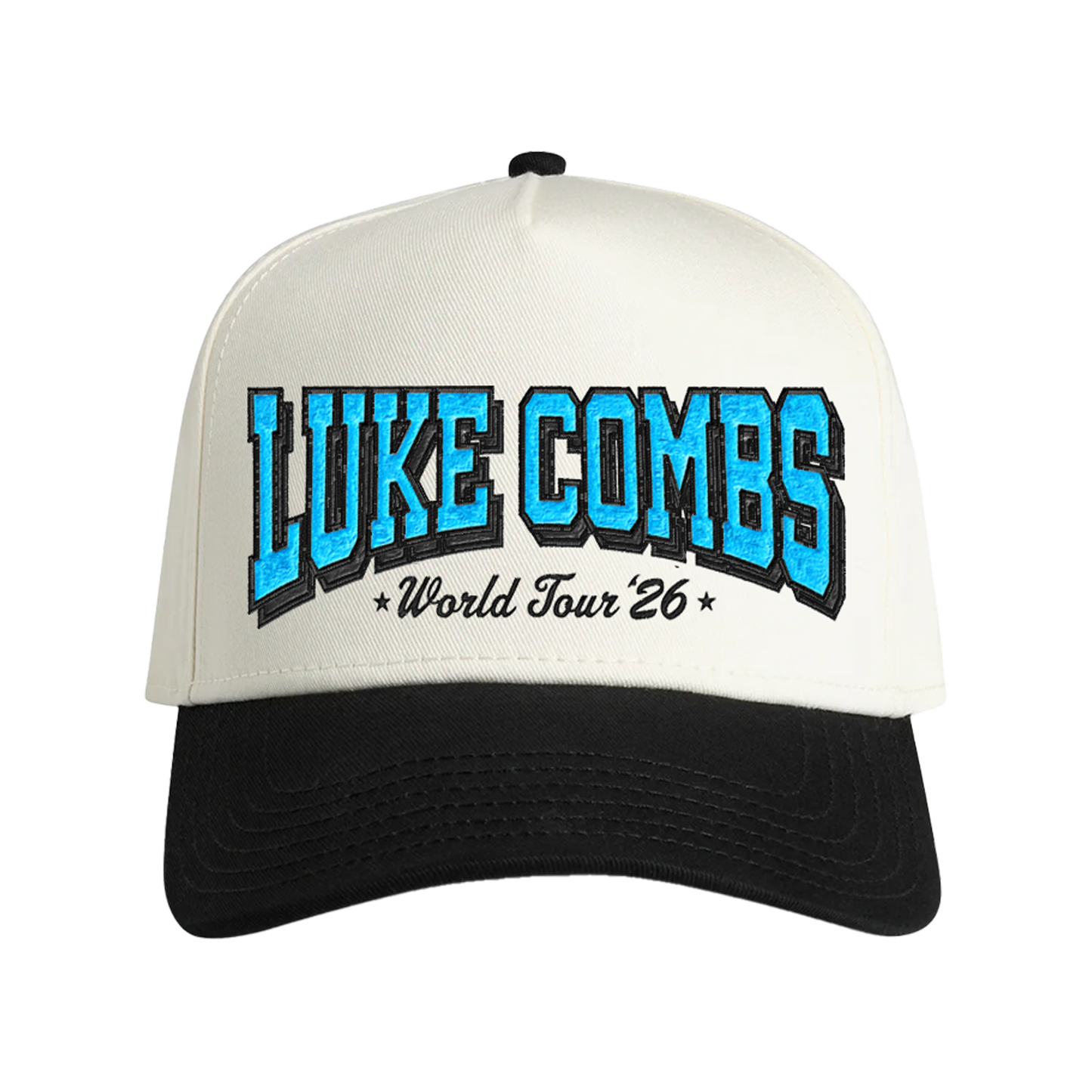 White and black cap with 'Luke Combs World Tour 26' text on a white background