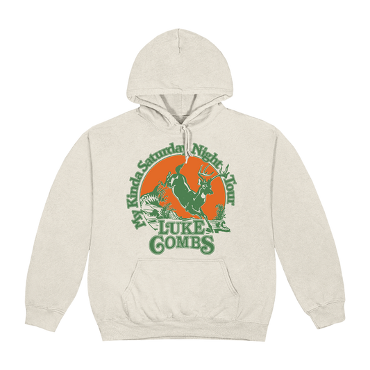 Beige hoodie with green and orange graphic design on a white background