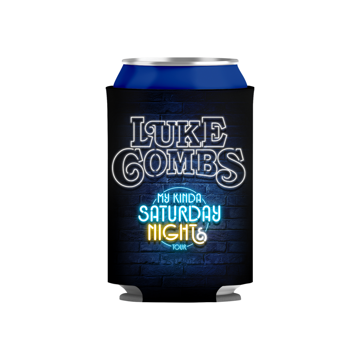 Black can cooler with 'Luke Combs My Kinda Saturday Night Tour' text on a white background