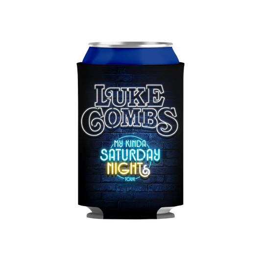 Black can cooler with 'Luke Combs My Kinda Saturday Night Tour' text on a white background