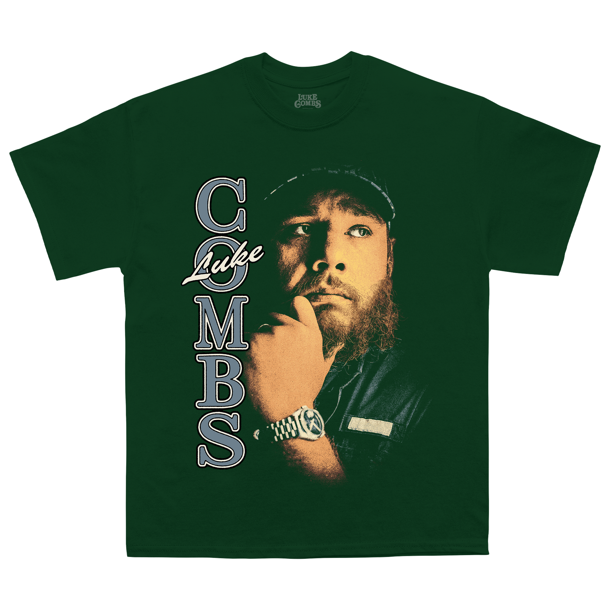 Green Luke Combs 'The Way I Am' T-shirt with Luke's name and image on the front.