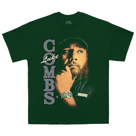 Green Luke Combs 'The Way I Am' T-shirt with Luke's name and image on the front.